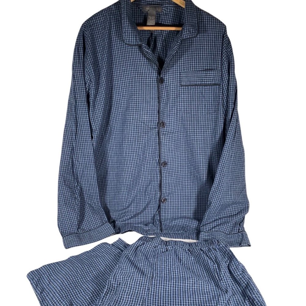 Men 2XL - Two Piece Blue/Black/White Plaid Long Sleeve Pajama Set